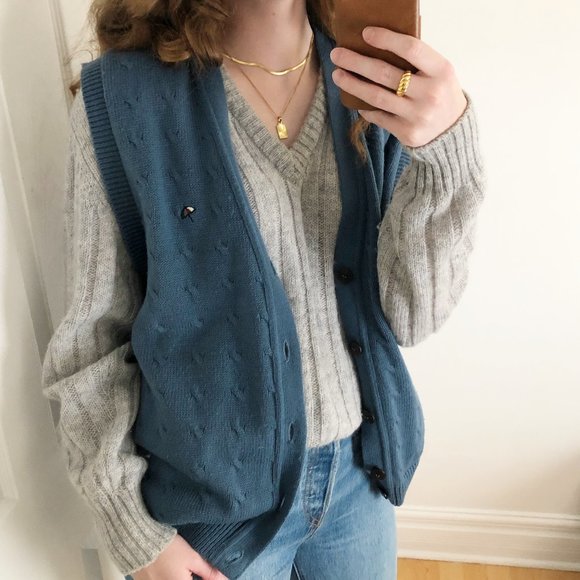Vintage Jackets & Blazers - Vintage Oversized Cable Knit Button Up Sweater Vest Grandpa Preppy Academia Cool